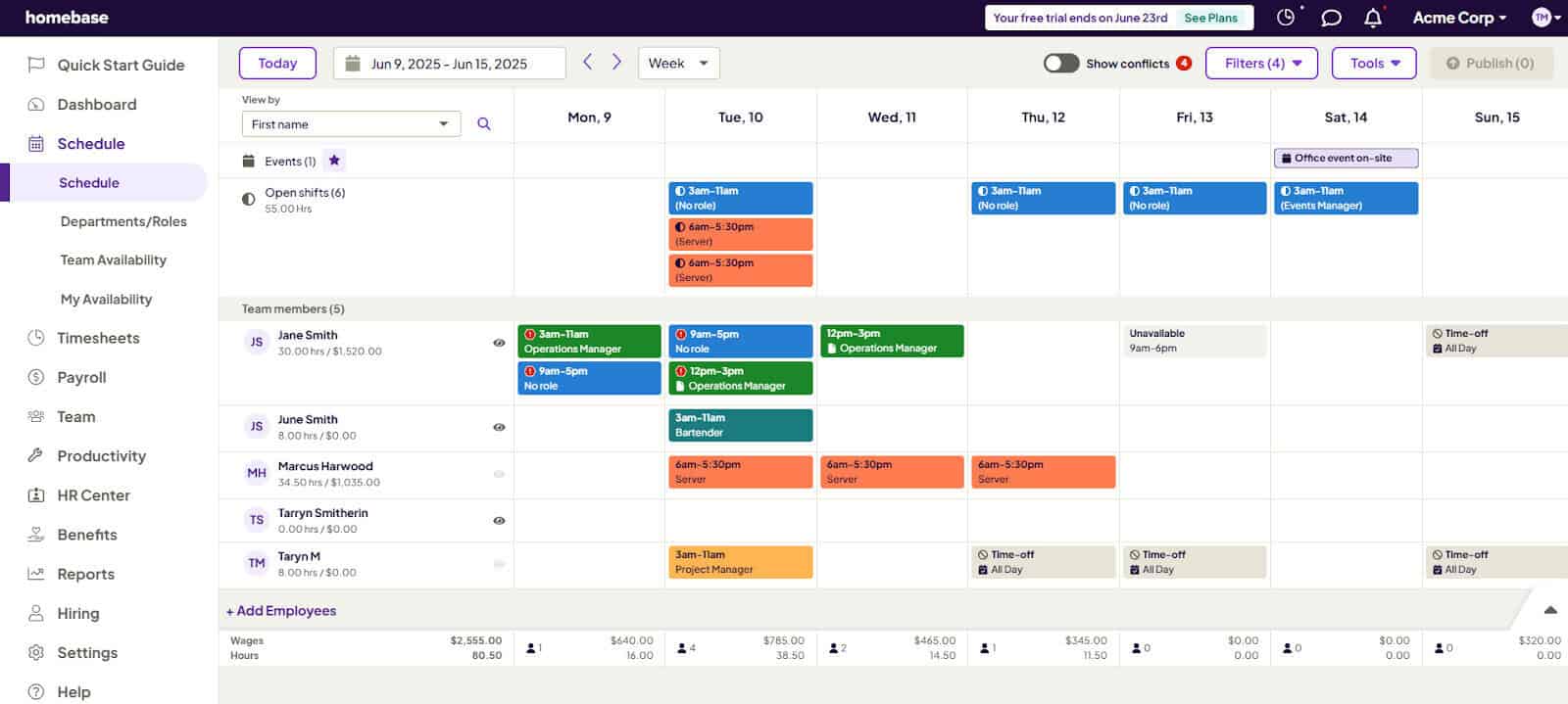 Homebase dashboard