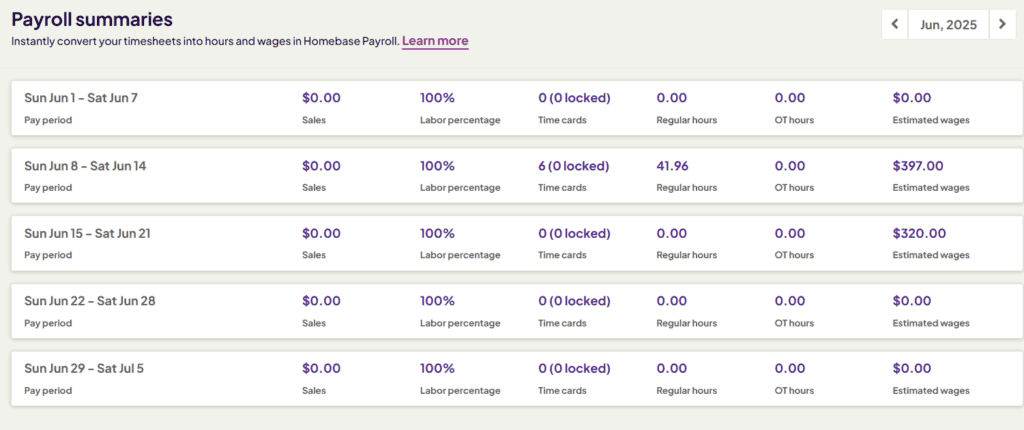 payroll summaries homebase