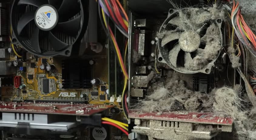 side-by-side of a clean vs. dusty PC interior