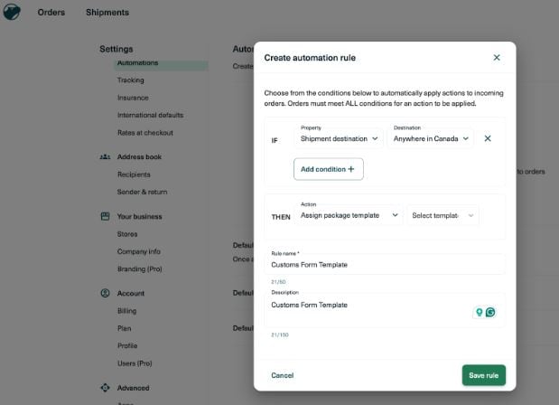 shippo automation rule