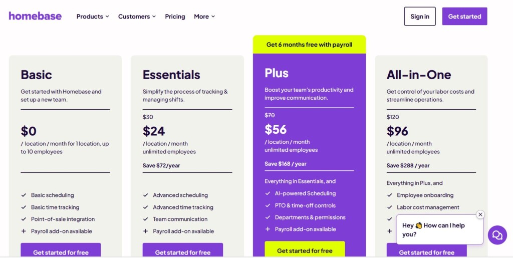 homebase princing plans