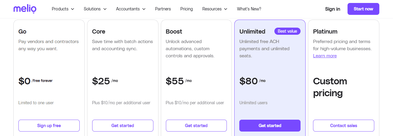Melio Plans and Pricing
