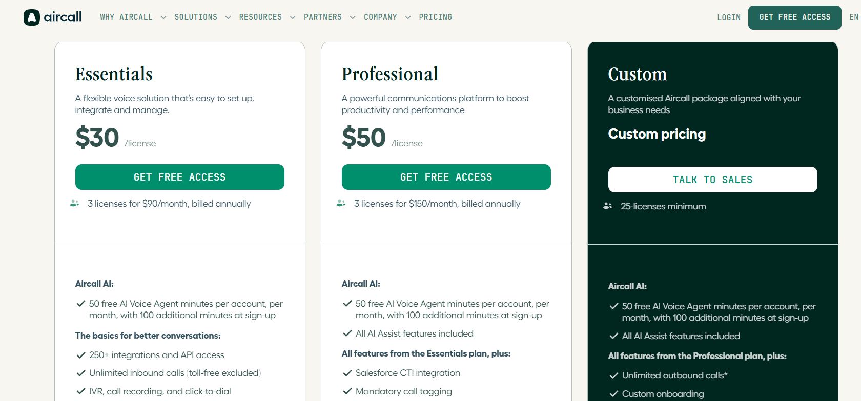 aircall plans and prices