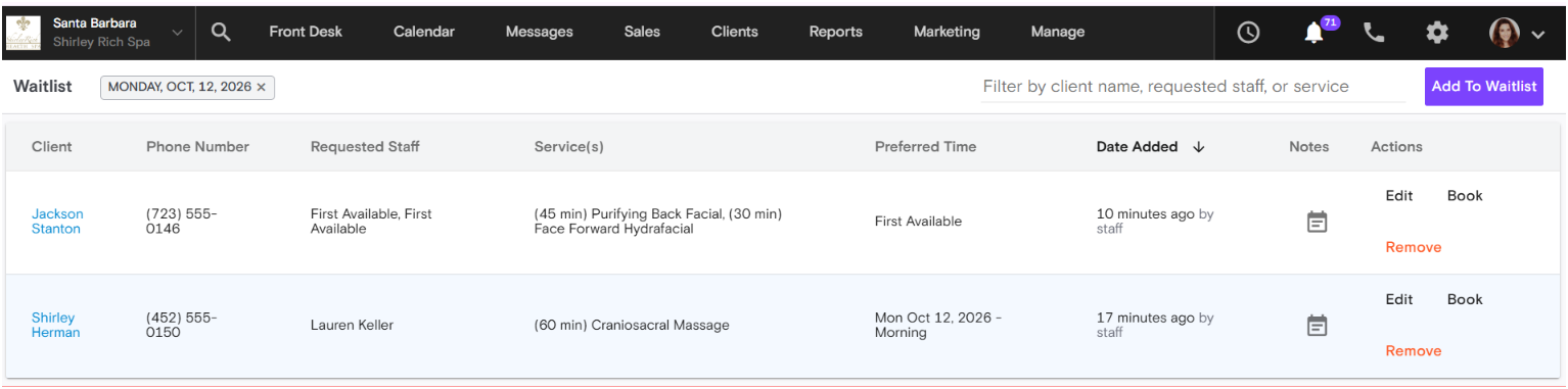 Boulevard waitlist dashboard with requested staff, services, preferred time and Book button