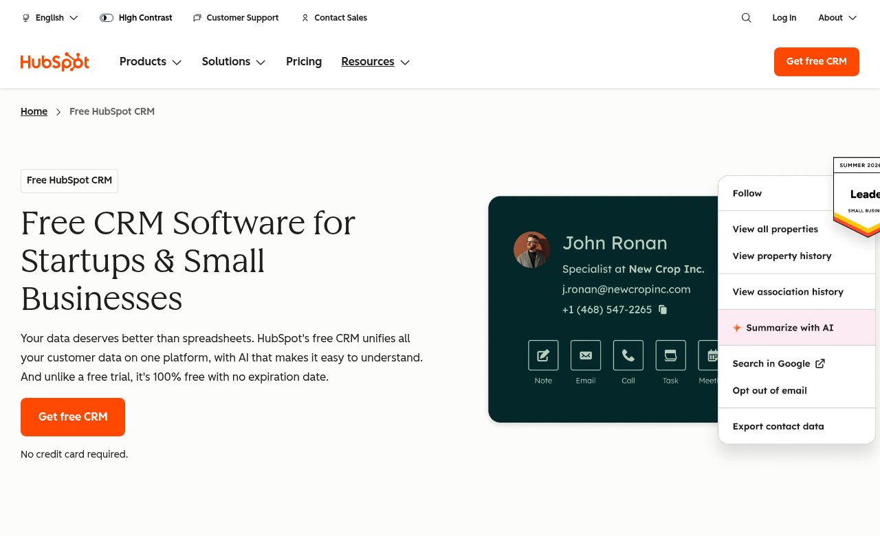 HubSpot free CRM software for startups and small businesses