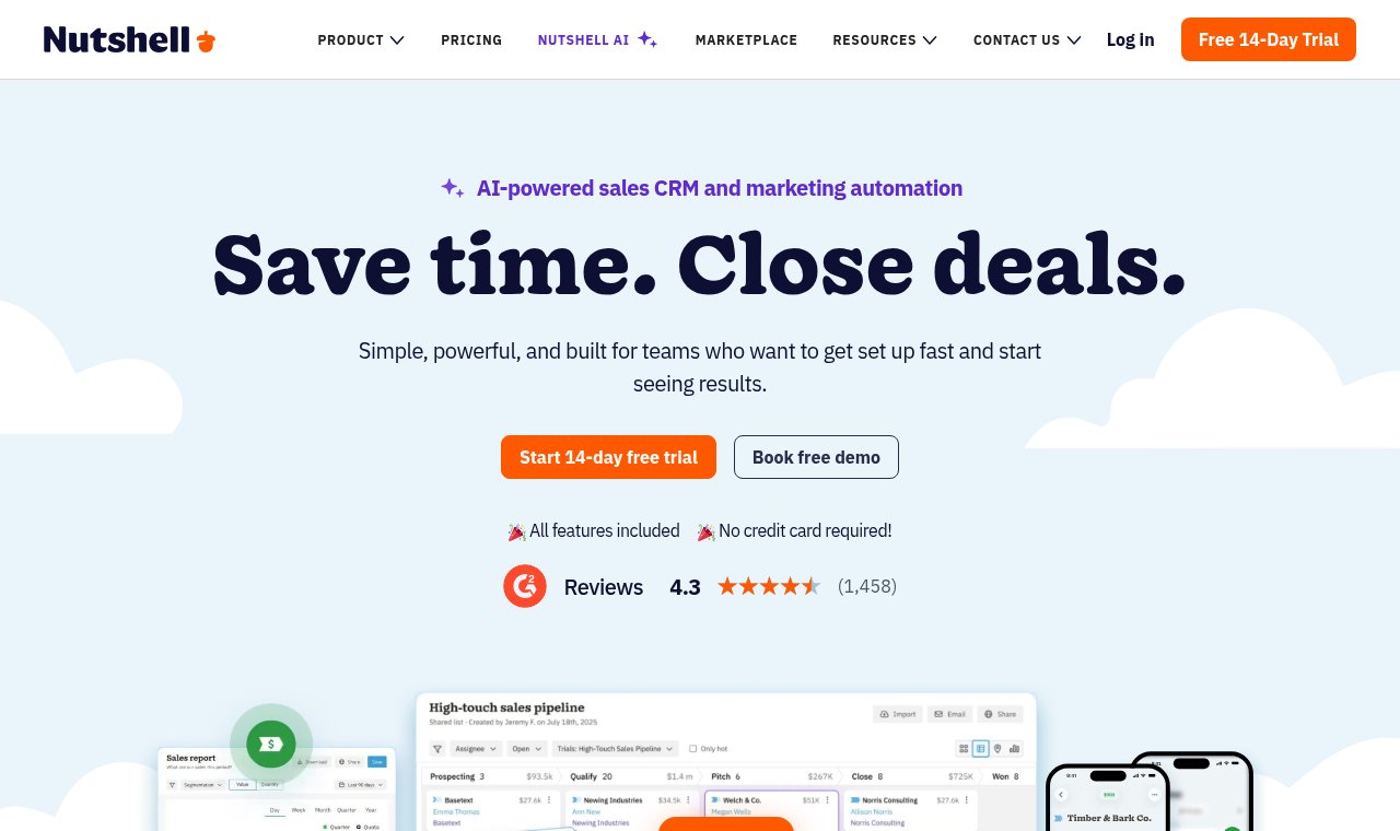 Nutshell CRM homepage: AI-powered sales CRM and marketing automation