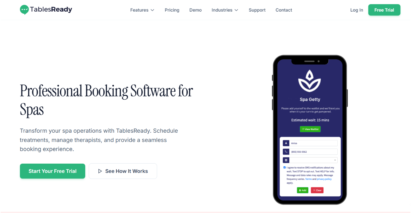 TablesReady spa waitlist sign-up by text on a phone