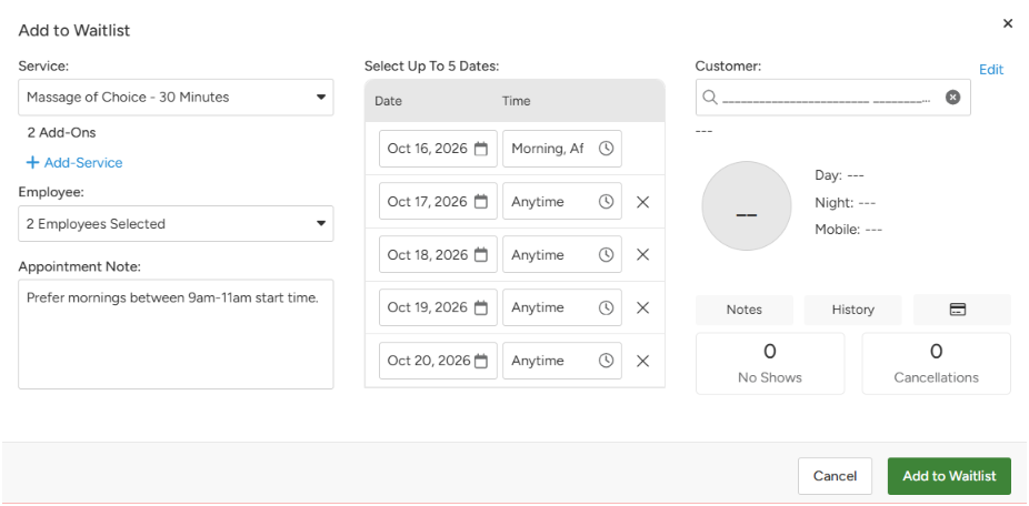 Vagaro Add to Waitlist window with service, employees, up to 5 dates and appointment note