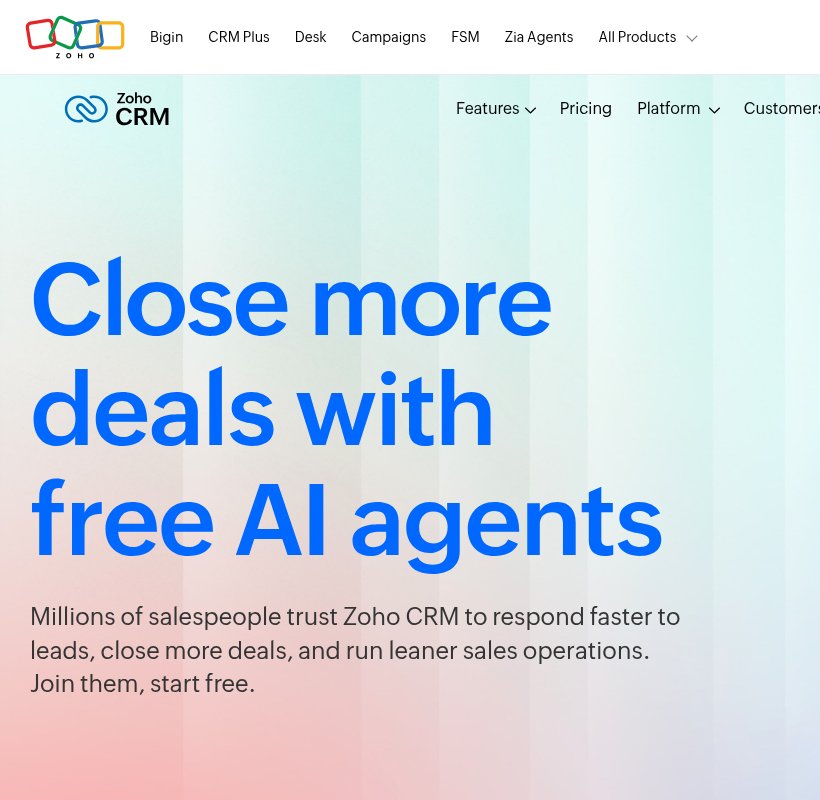 Zoho CRM homepage: close more deals with free AI agents